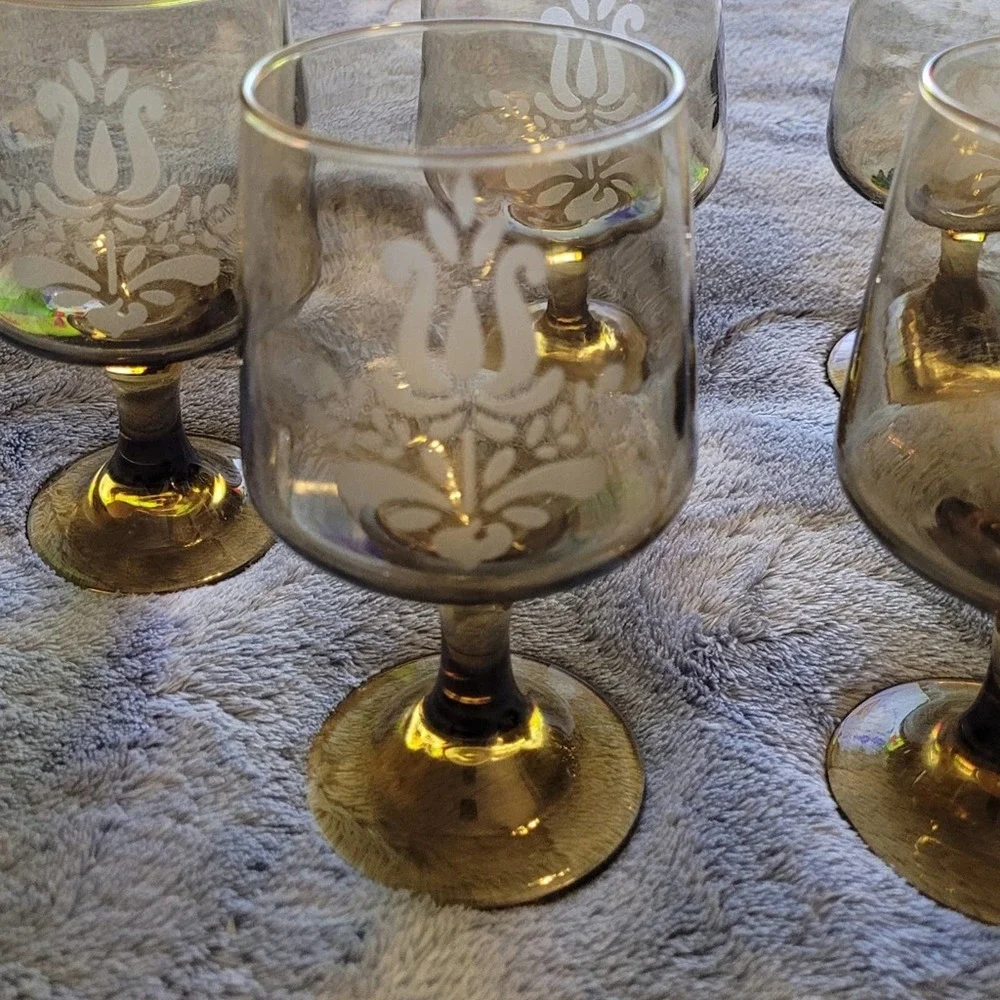 Set of 6 Vtg.‎ Pfaltzgraff Village Etched Smoked Glass Wine Glass Stemware USA